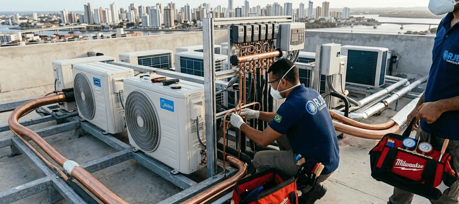Técnico da RJB instalando condensadoras em uma cobertura