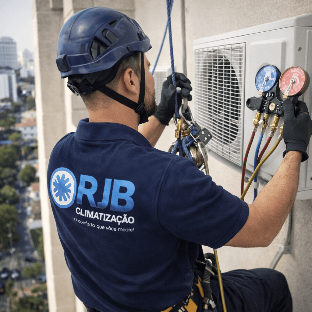Técnico da RJB medindo pressão do gás em condensadora