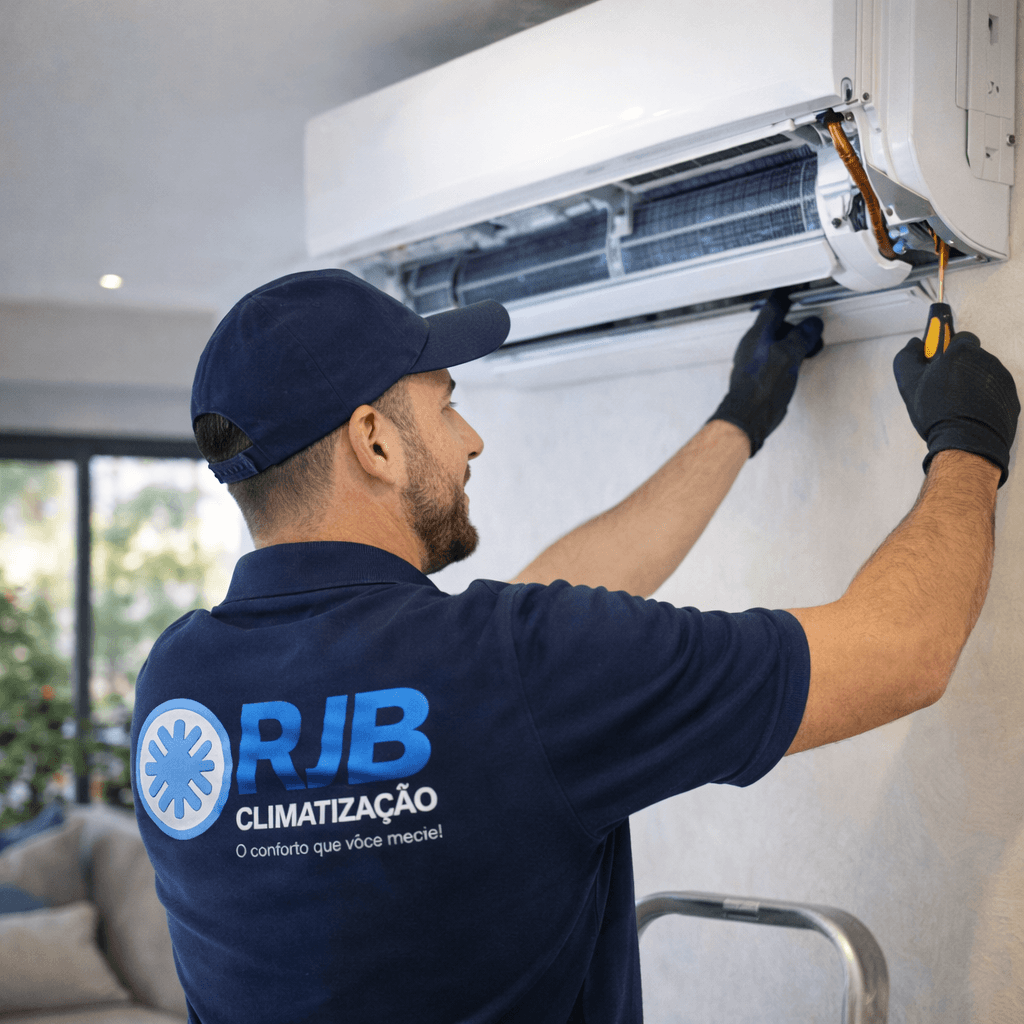 Técnico da RJB fazendo manutenção em split