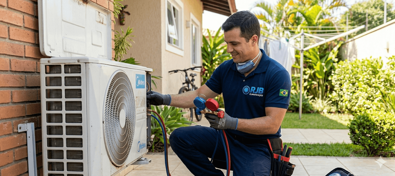 Técnico da RJB realizando manutenção em condensadora