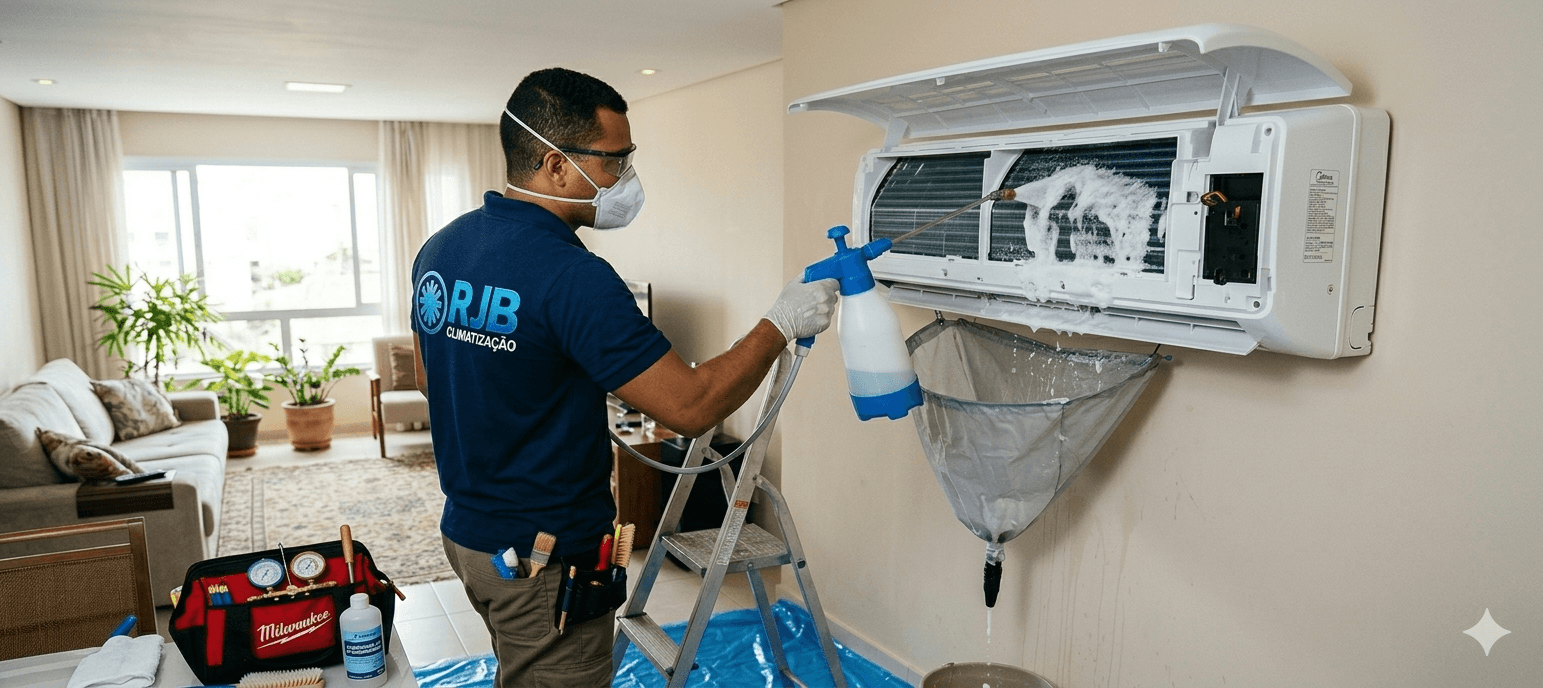 Técnica da RJB higienizando um ar-condicionado split